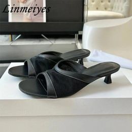 Slippers 2024 Kitten Heels Woman Mesh Hollow Outs Runway Slides Female Summer Sexy Ventilate Thin Sandals