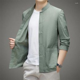 Men's Casual Shirts Ice Silk Sun-Protective Clothing Shirt Summer Stand Collar Slightly Wrinkled Breathable Thin Jacket For Men