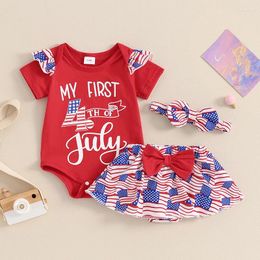 Clothing Sets Baby Girl 4th Of July Outfit Letter Print Short Sleeve Romper Elastic Waist Skirt Shorts Bow Headband Independence Day Costume