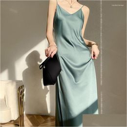 Basic Casual Dresses Womens Silk V-Neck Long Satin Suspended Dress Summer Black Sexy Evening Pyjama Drop Delivery Apparel Clothing Dhqlp