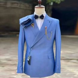 Men Suit 2024 Single Breasted Spring Jacket Pants Peaked Lapel Elegant Blue Tuxedo For Wedding Groomsmen Slim Fit Costume Homme 240516