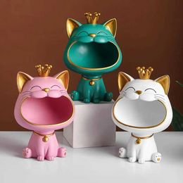 Decorative Objects Figurines Fortune Crown Big Mouth Cat Entrance Key Storage Tray Accessories Light Luxury Home Decoration Gift Sculpture H240516