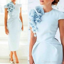Elegant Sky Blue Short Sleeves Sheath Mother of the Bride Dresses with Floral Flowers Tea Length Formal Plus Size Cocktail Dresses Chea 274D