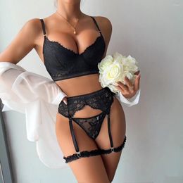 Bras Sets Lingerie Women's Underwear Set Black Lace Elastic Webbing Embroidery Push Up Garter Belt Erotic 3 Piece Intimate
