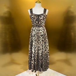 Womens Dress European Fashion brand cotton leopard print gathered waist sleeveless slip midi dress