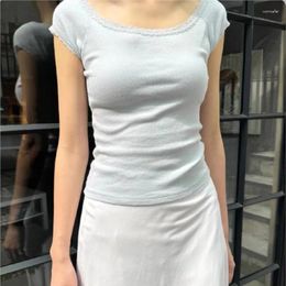Women's T Shirts Ballet Style O-neck Lace Trim Summer T-shirts Cotton Solid Casual Basic Blue Short Sleeve Tops Y2K Streetwear Tight Tees