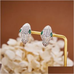 Stud Designer Collection Earrings Inlay Czech Zircon Diamond Plated Gold Colour White Green Eyes Snake Serpent Snakelike Ear Clip Drop Ot5Fd