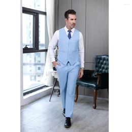 Men's Vests Light Blue Business Vest Pants 2 PCS Groomsman For Wedding Casual Suit Coarse V-Neck Lapel Waistcoat Formal