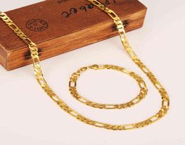 Whole Classic Figaro Cuban Link Chain Necklace Bracelet Sets 14K Real Solid Gold Filled Copper Fashion Men Women039s Jewelr4276866