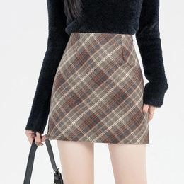 High Waist Plaid Vintage Wool Pencil Skirt For Women Autumn Winter Casual Slim Short Saias Female 240517