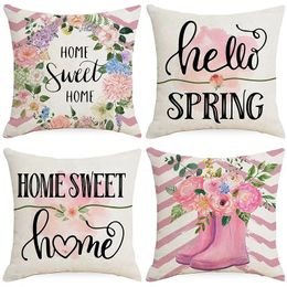Pillow Spring Theme Linen Case Letter Flower Wreath Digital Printing Pillowcase Living Room Sofa