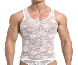 Sexy Lace Mens Tank Tops Transparent Mesh Singlet Shirts Gay Exotic Home Lounge Sleep Wear Undershirt Summer Vest7160334