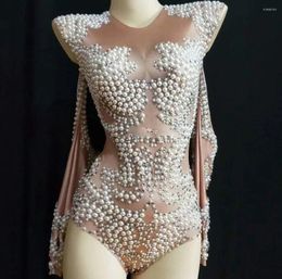 Stage Wear Sparkly Pearls Crystals Bodysuit Women Singer Club Party Glisten Leotard Rhinestones Costumes