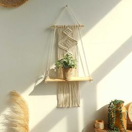 Storage Holders Racks Macrame Wall Shelf Hanging Boho Home Decoration Wood Floating Shelves Flower Pot Display Stand Living Room Decors Aesthetic H240516