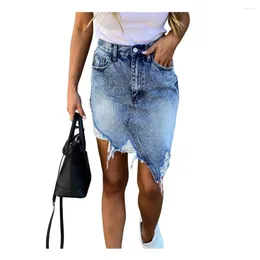 Skirts Women Denim Skirt High Waist With Ripped Holes Irregular Hem For Streetwear