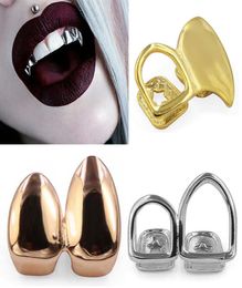 18K Real Gold Grillz Braces Plain Punk Hip Hop Double Teeth Dental Mouth Fang Grills Tooth Cap Cosplay Halloween Costome Party Vam3246611