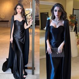 Black Evening Dresses with Cape Sweetheart Draped Shirred Prom Gown Satin Sweep Train Chiffon Wrap Formal Vestidos de Novia