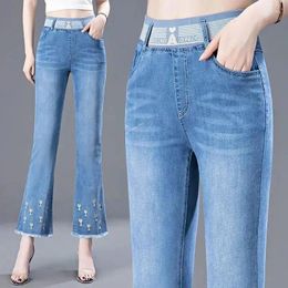 Women's Jeans Office Lady Casual Women Flared Spring Summer Korean Fashion Embroidery Elastic Waist Streetwear Slim Cropped Denim Pants