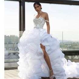 Designer Split High Low Wedding Dresses Off the Shoulder Organza Tiers Ruffle Beach Bridal Gowns Plus Size vestido de noiva robes de 269R