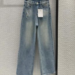 Women's Jeans 2024 High-quality Fashion High-waisted Straight Fashionable Worn-out Design Washed Leisure Wide-leg Trousers Spring