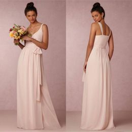 Stunning Light Pink Bridesmaid Dresses Blush Long Floor Length Chiffon V neck Wedding Formal Dresses With Bow Tie Wrap Closure 210O