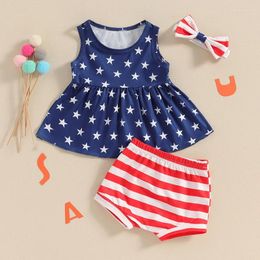 Clothing Sets Baby Girl 4th Of July Outfits Sleeveless Star Print Tank Tops Stripes Shorts Headband Set Toddler Independence Day Clothes