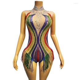 Stage Wear Colorful Rhinestones Tassel Bodysuit Sexy Transparent Performance Sleeveless Leotard Latin Pole Dance Costume