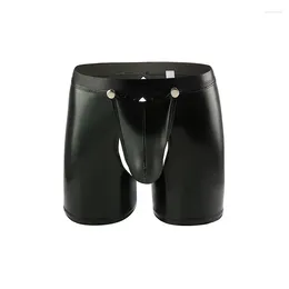 Underpants Sexy Men Underwear Patent Leather Boxer Shorts Solid Buckle Detachable Half Long Leg Cueca Calzoncillo M-XXL