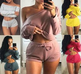 Two Pieces Fashion Women Off Shoulder Slash Neck Casual Long Sleeve Tshirt Crop Tops High Waist Laceup Short Romper Trousers3548393