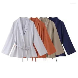 Women's Two Piece Pants Summer Elegant Long Sleeve Lace Up Kimono Style Jacket Top High Waist Pyjama Wide Leg 2024 Loose Casual