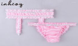 Men039s Sleepwear 2Pcs Mens Sissy Panties Lingerie Set Sexy Satin Ruffled Stretchy Briefs Underpants With Garters8609793