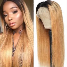 1b/27 straight Honey Blonde Lace Front Wig PrePlucked 1B 27 Human Hair Wigs Ombre Body Wave Lace Frontal Wig 150%