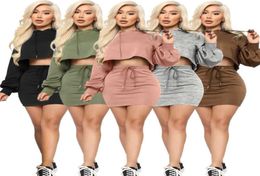 Women Dress Two Pieces Set Nightclub Sexy Solid Colour tracksuits Bat Lantern Sleeve Hooded Sweater And Skirt Show Waist Bandage L9346878