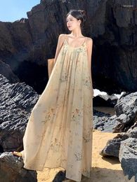 Casual Dresses Beige Print Slip Summer Pleated Long For Women 2024 Loose Evening Dress Sleeveless Backless Holiday Party Bohemian