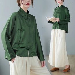 Ethnic Clothing 2024 Spring Chinese Style Shirt Dark Green Women Cheongsam Top Button Tang Suit Vintage Femme Traditional China Blouse
