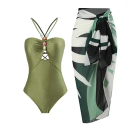 Women's Swimwear 2024 Sexy One Piece Swimsuit Women With Beach Skirt Push Up Bathing Suit Flower Beachwear Monokini Swim Summer