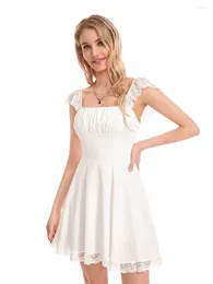 Casual Dresses Women Lace Strap Mini Dress Square Neck Flowy A-Line Ruffle Swing Short Party Cocktail Graduation