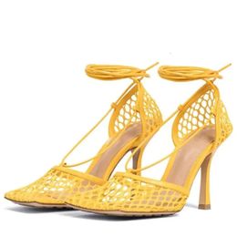 Real Ladies Women Leather Genuine 2024 High Heels Sandals Summer Square Toe Weave Knit Plait Wedding Dress Gladiator Cross-tied Lace-up Sexy Shoes Yellow Size d 901e