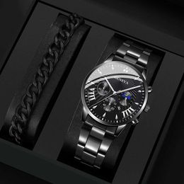 Wristwatches 2PCS Fashion Mens Black Bracelet Watch Set Mens Business Stainless Steel Quartz Watch Mens Calendar WatchL2304