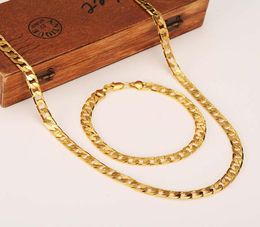 Womens Mens Chain 18 k Golden Curb Link Yellow Solid GF Gold Necklace Bracelet 7MM Jewellery sets4990359