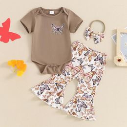 Clothing Sets Infant Baby Girl Summer Clothes Short Sleeve Romper Bodysuit Butterfly Print Bell Bottoms Pants Set 3Pcs Outfit