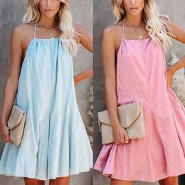 Basic Casual Dresses Summer New Sexy Halter Neck Midi Dress Wrapped Chest Splicing Large Swing Single Dress Y240515