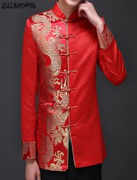 Dragon Pattern Jacquard Mens Red Suit Jacket Mandarin Collar Traditional Chinese Men Satin Wedding Jacket Frog Closure1988427