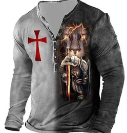 Men039s TShirts Vintage Knight Vneck 3d Print Jesus Christ Gothic Long Sleeve For Men Oversized War ops Punk Streetwear 221017763004