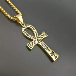 Mystical Egyptian Ankh Cross Pendant Necklace For Men 14K Gold Egypt Hieroglyphs Charms Jewellery