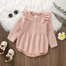 Rompers Girls baby tight fitting cotton knitted baby clothing fashion pleated top 0-18M newborn jumpsuit long sleeved jumpsuit autumn d240516