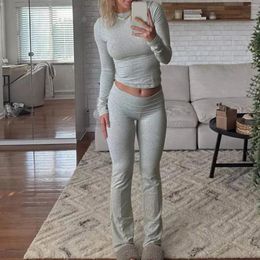 Women's Two Piece Pants Sexy Y2k Pant Suit Women Solid Colour Slim Long Sleeve Crop Top Trouser Spring Gym Sports Running Tracksuits Female T