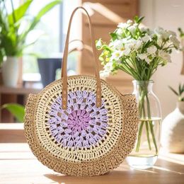 Shoulder Bags Round Summer Straw Bag With Zipper Closure Vacation Trendy Large Woven Beach Holiday Travel Handbag For Women And Girls