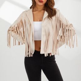 Women's Jackets Women Solid Colour Collared Jacket With Tassels Long Sleeve Open Front Coat Black/ Coffee/ Pink