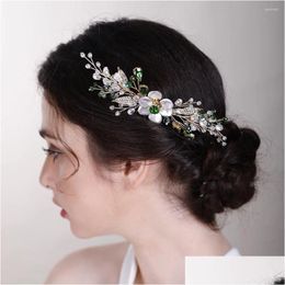 Hair Clips Barrettes Headpieces Green Rhinestone Flower Bridal Accessories Fashion Handmade Head Jewellery Crystal Headpiece Women K Dro Otplf